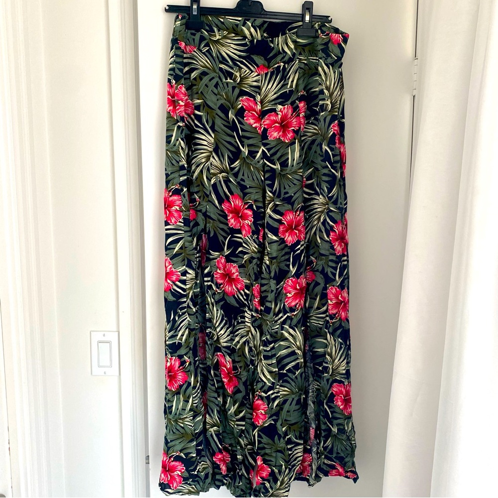 Floral Wide Leg Pants with Slits- Green and Pink